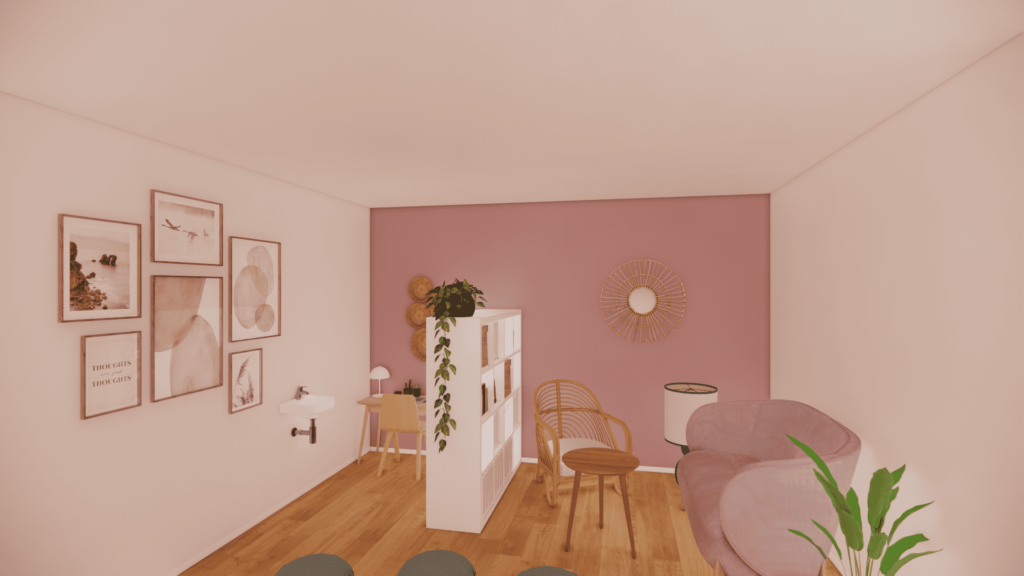 Mes réalisations. Photo réaliste représentant la vue d'un cabinet de thérapeute avec mur rose. Bureau et fauteuil en bois. Etagère blanche. Cadres. Canapé rose.