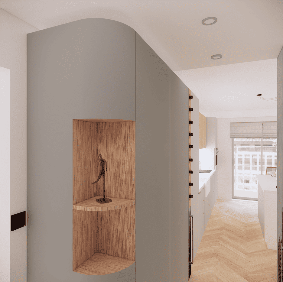 Vue meuble d'entrée vert avec niches en bois.