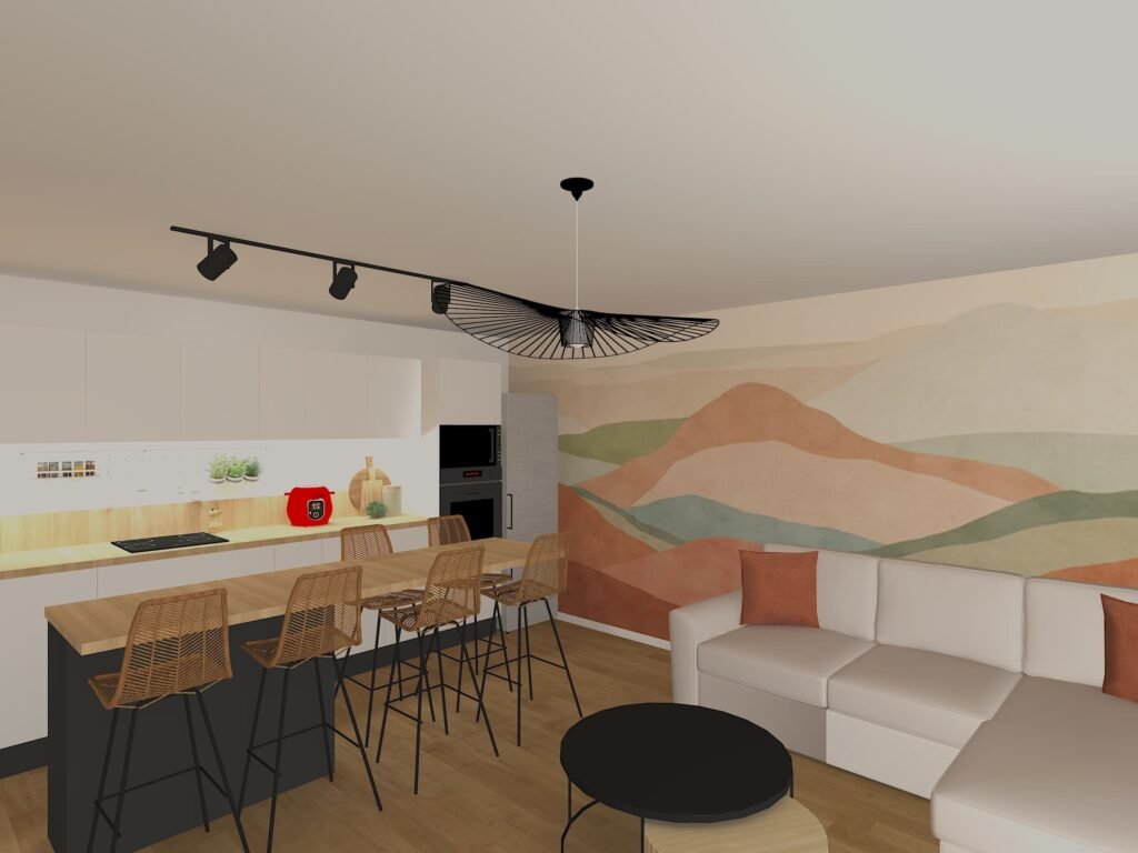 Photo réaliste représentant la vue d'une pièce de vie avec cuisine blanche et salon. Papier panoramique montagnes.