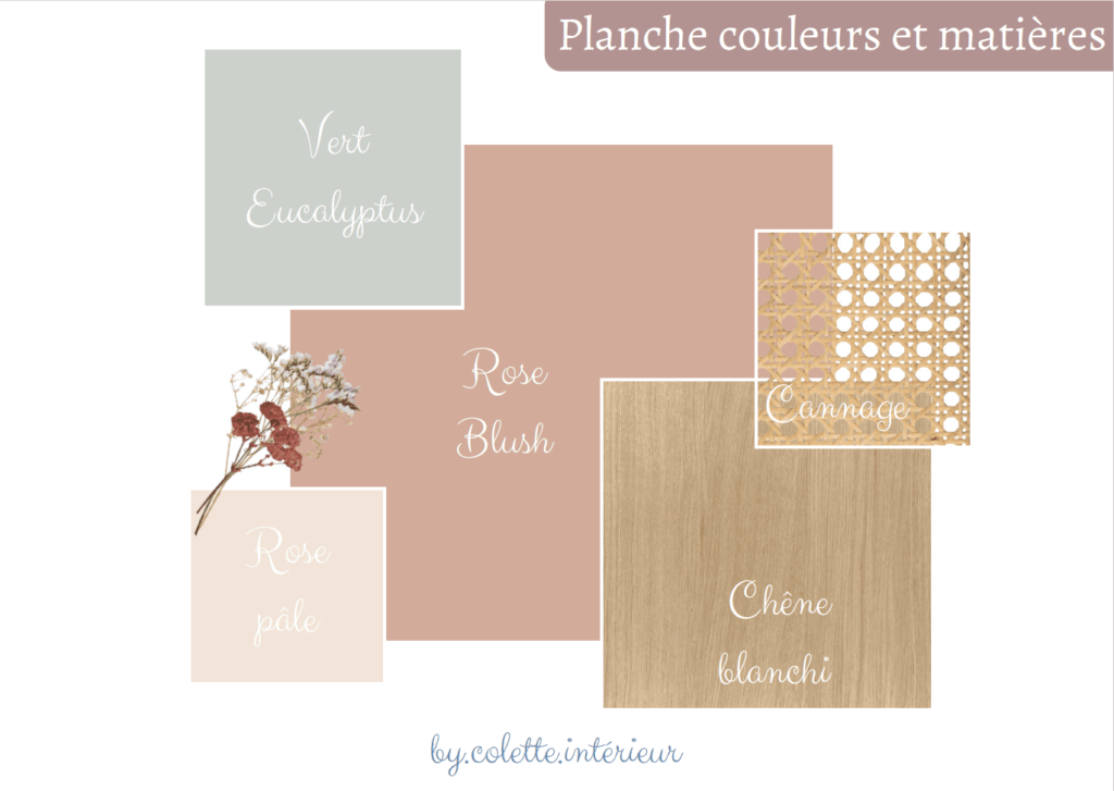Planche couleurs et matériaux. Décoration de la chambre d'une petite fille.