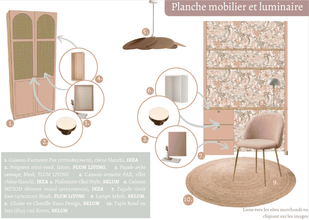 Planche mobilier et luminaire dans le cadre de la décoration de la chambre d'une petite fille.
