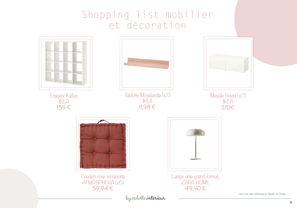 Planche shopping list mobilier et décoration.