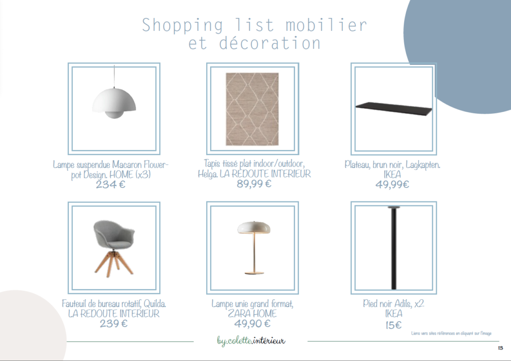 Planche shopping list mobilier et décoration du projet.