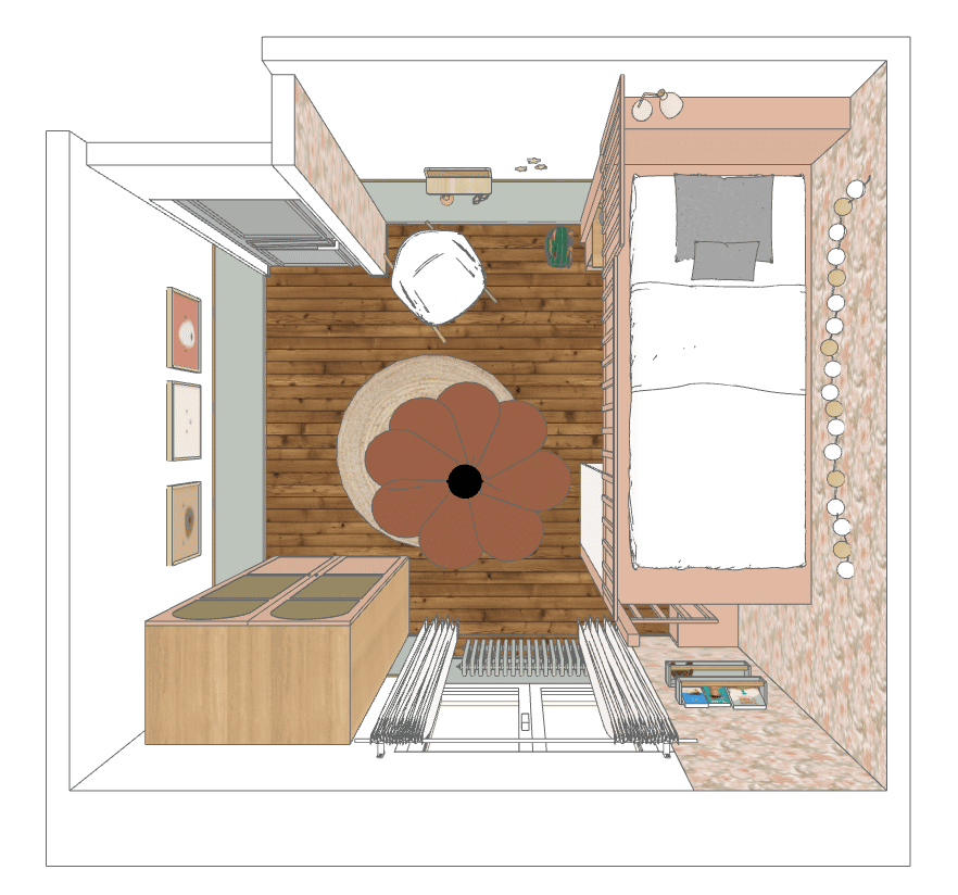 Vue Sketchup du dessus de la chambre de petite fille. Décoration et aménagement d'une chambre de petite fille.