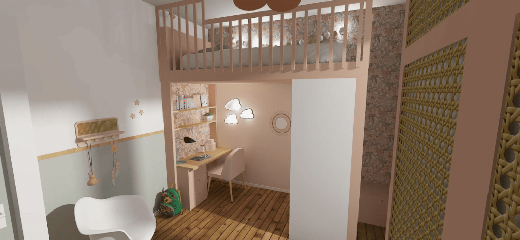 Photo réaliste de la mezzanine sur mesure et bureau.