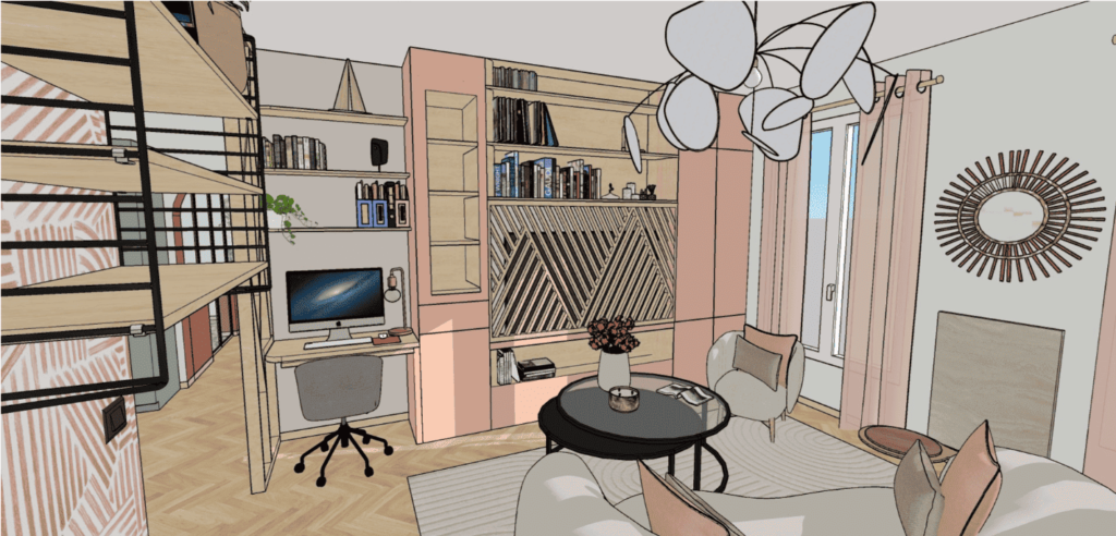 Vue Sketchup de la bibliothèque sur mesure avec bureau et meuble TV intégré.