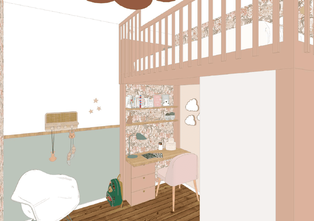 Vue Sketchup du coin bureau sous la mezzanine. Papier peint fleurs roses. Peinture verte en demi-mur et champlat en bois.