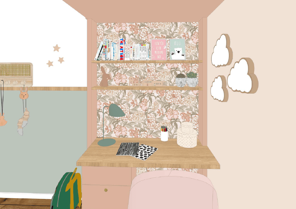 Vue Sketchup du bureau. Plateau en bois avec étagères en bois. Papier peint à fleurs roses. Objets de décoration au mur.