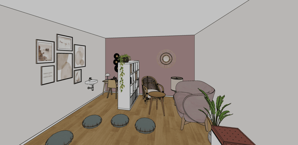 Vue Sketchup du coin accueil et bureau.