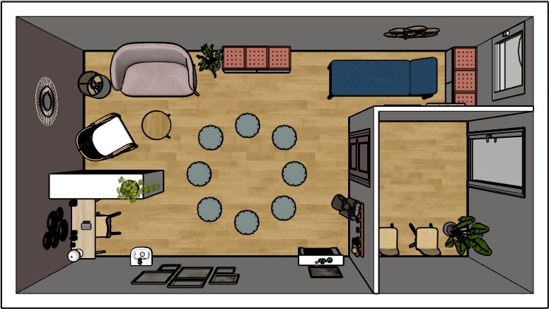 Vue Sketchup du dessus de cabinet de thérapeute.