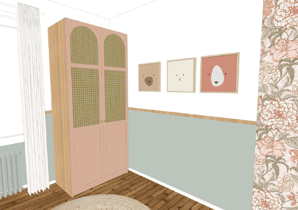 Vue Sketchup armoire Pax et façades Plum rose Blush. Peinture verte en demi-mur et champlat en bois. Cadres enfant.