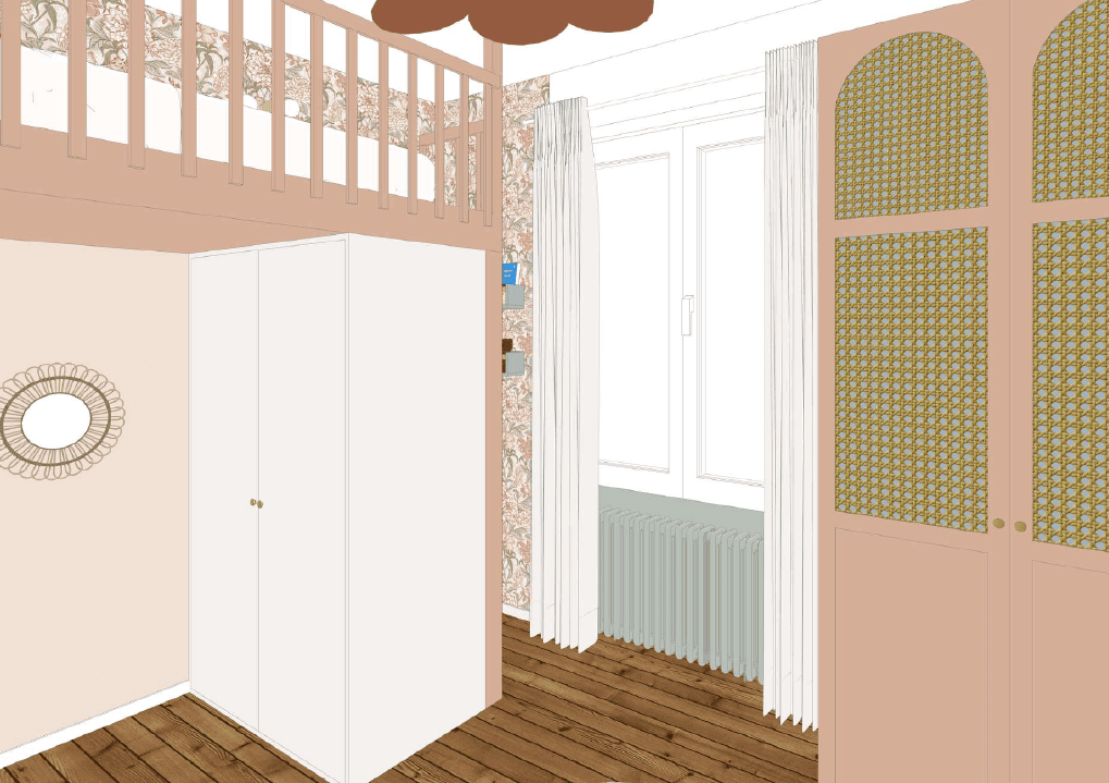 Vue Sketchup de l'armoire Pax avec portes cannage Plum. Rideaux beige. Radiateur en fonte peint en vert.
