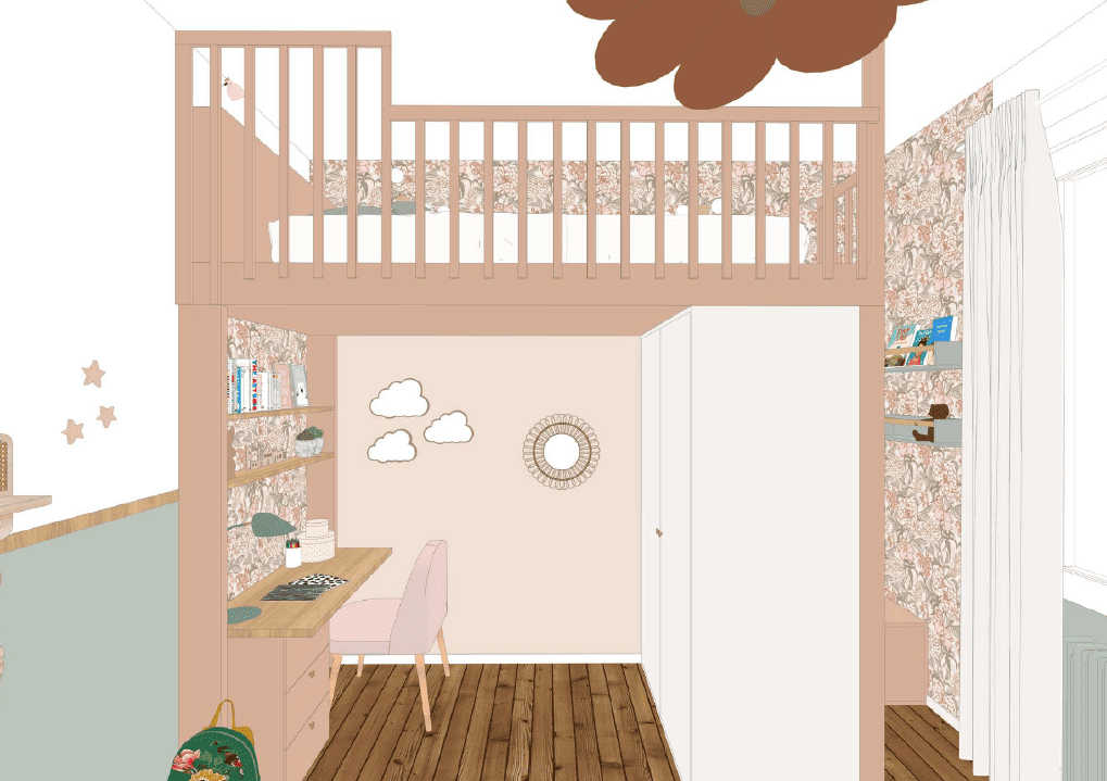 Vue Sketchup de la mezzanine sur mesure avec armoire et bureau intégré.
